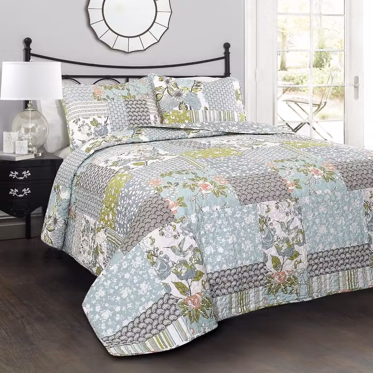 Patchwork Bloemendekbed Set in Landelijke Stijl - 3 Delig - Blauw