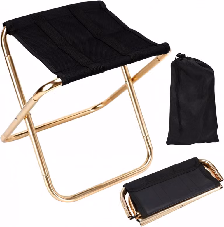Mini-opvouwbare campingkruk met draagtas - Zwart goud - B/D/H: 22 x 25,5 x 28 cm