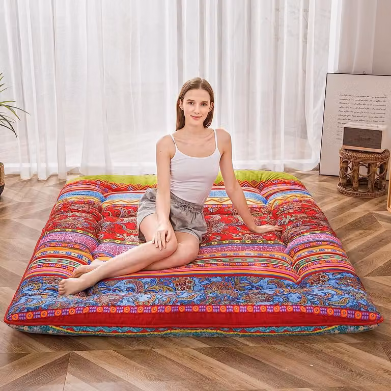 Boheemse Retro Vloermatras met Vintage Bloemenpatroon, Draagbare Japanse Futon Matras, B/D/H: 90 x 190 cm