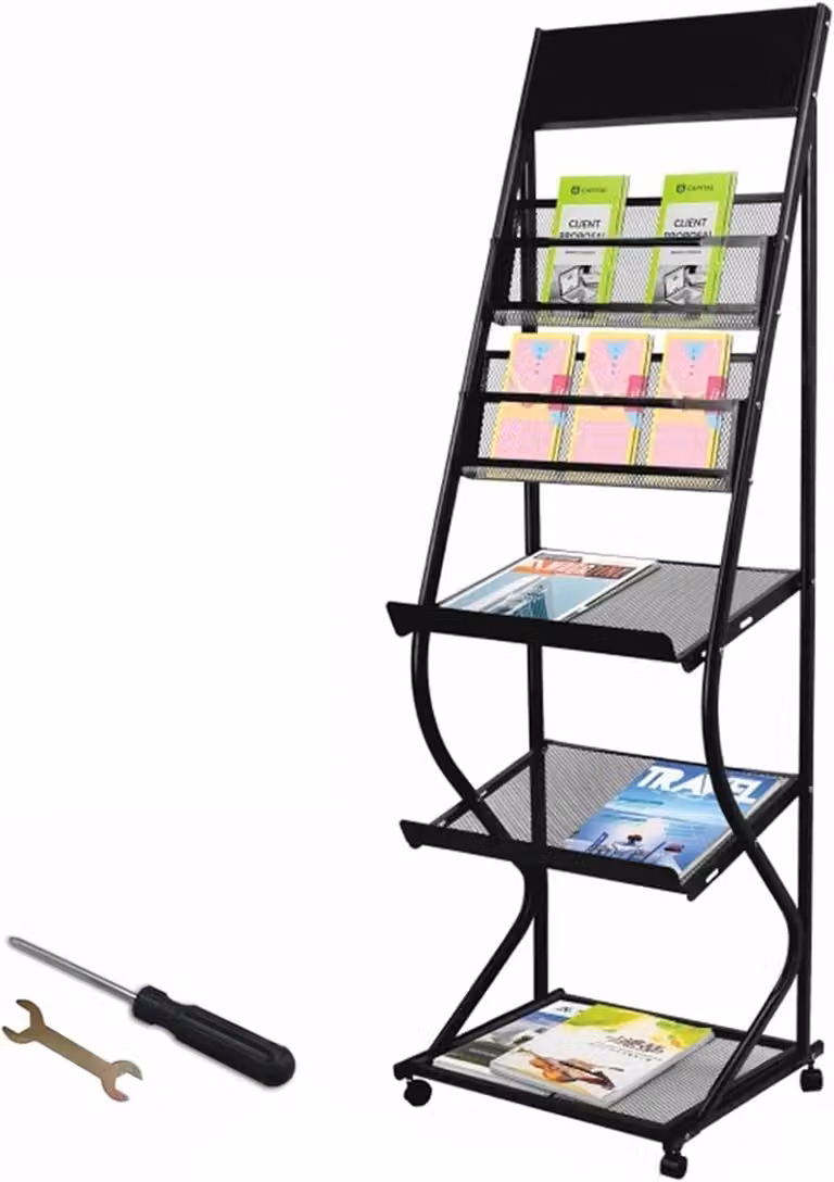 Zwarte staande displayrek met rasterontwerp voor brochures en informatiehouders, H 155 x B 48 x D 38 cm