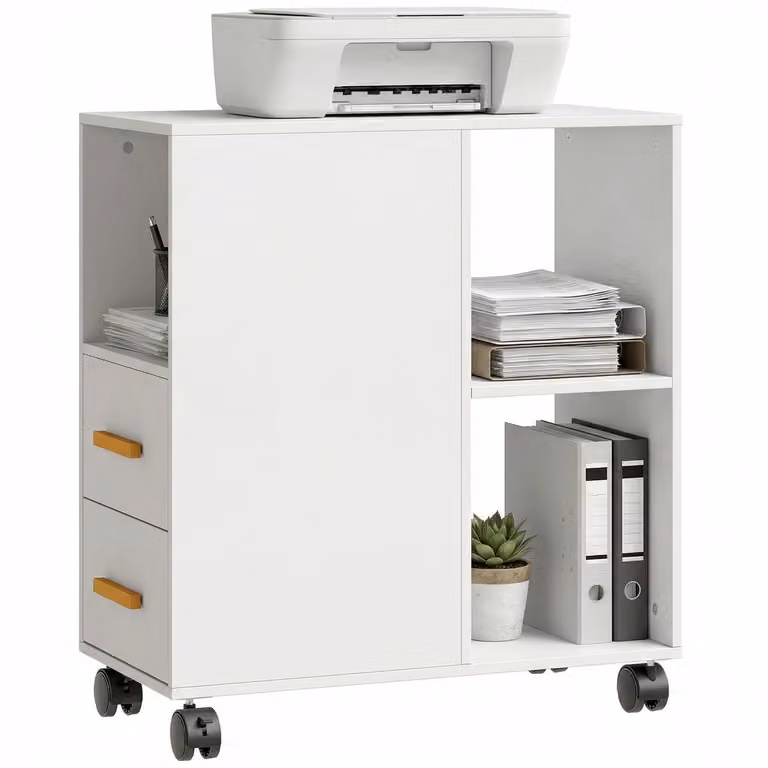 HOMCOM Printerstandaard met verstelbare plank en wielen, Wit, B/D/H: 60 x 30 x 65 cm