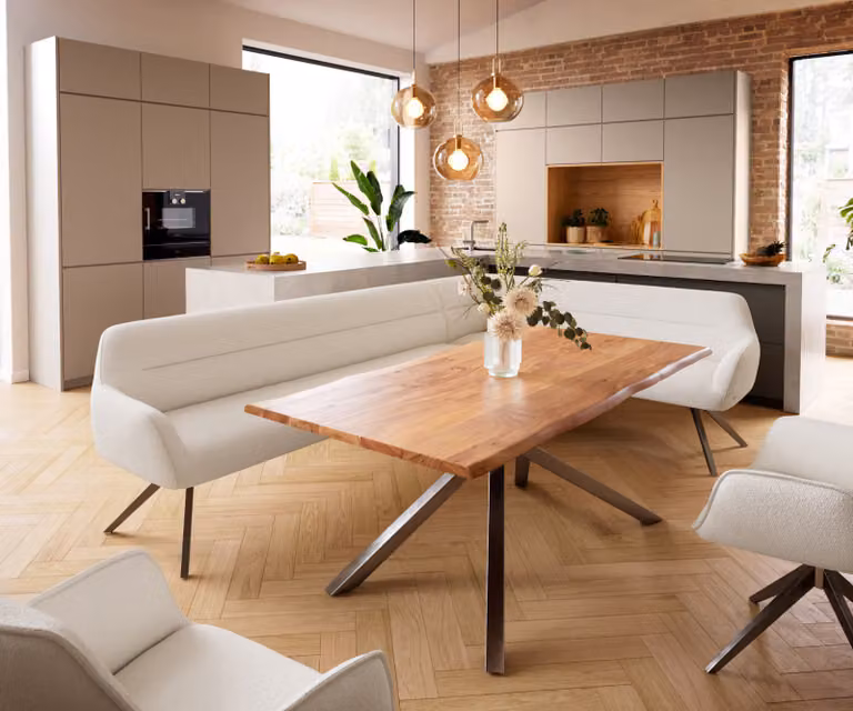 DELIFE Eetkamerbank Taya-Flex L-vormig, Bouclé, Crème-wit/Beige/Grijs, B: 282 cm x D: 190 cm x H: 106,5 cm, Rechtsopstelling