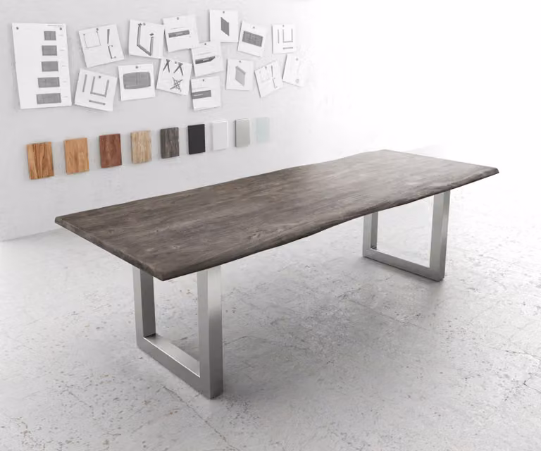 DELIFE Eettafel Edge van Acaciahout en Roestvrijstaal, Platina, Live-Edge, B/D/H: 260 x 100 x 74,5 cm