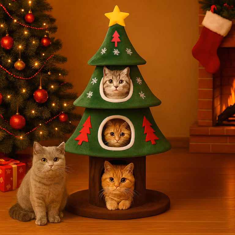 COMHOMA Krabboom Kerstboomdesign met Kattenhuis, Krabpalen en Speelbal, Hoogte: 135 cm