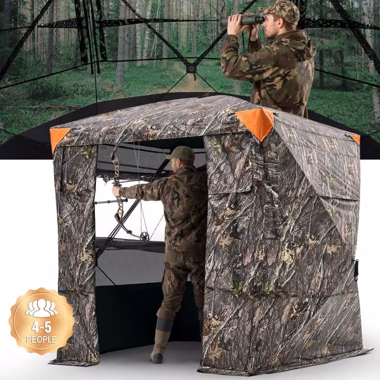 VEVOR Jachttent voor 4-5 personen met transparante bodemplaten en draagtas, Camouflage jachtschuilplaats met magnetische deur en ramen