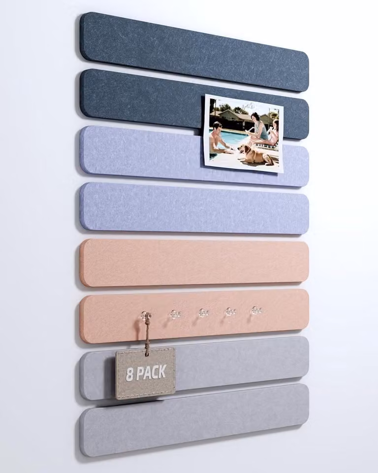 Set van 8 vilt wandpanelen voor bureau en wand, grijs gemêleerd, 33 x 5 cm, inclusief stickers en 30 punaises