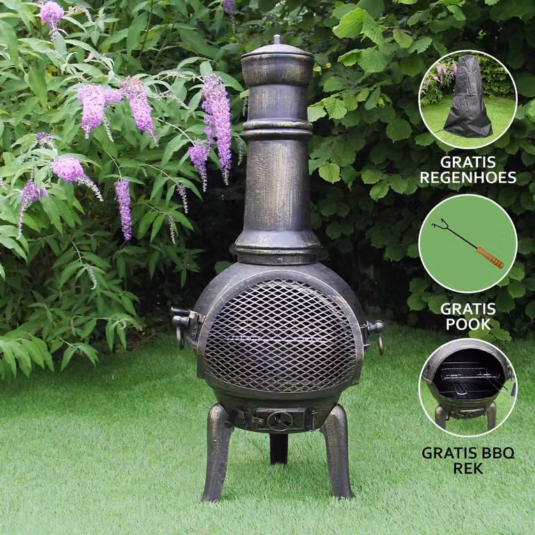 Gietijzeren Azteekse tuinhaard met BBQ-grillrooster en regenhoes in bronseffect