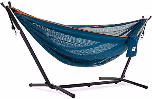 Vivere Mesh Hangmat met standaard - Blauw/Oranje - 280 cm