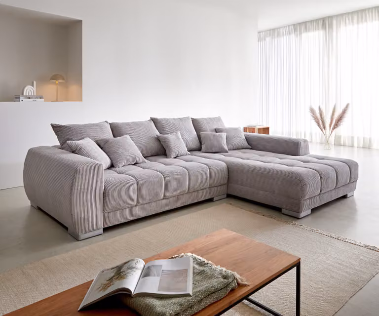 DELIFE Hoekbank Josea Corduroy Zilvergrijs met Ottomaan Rechts B: 300 cm, D: 220 cm