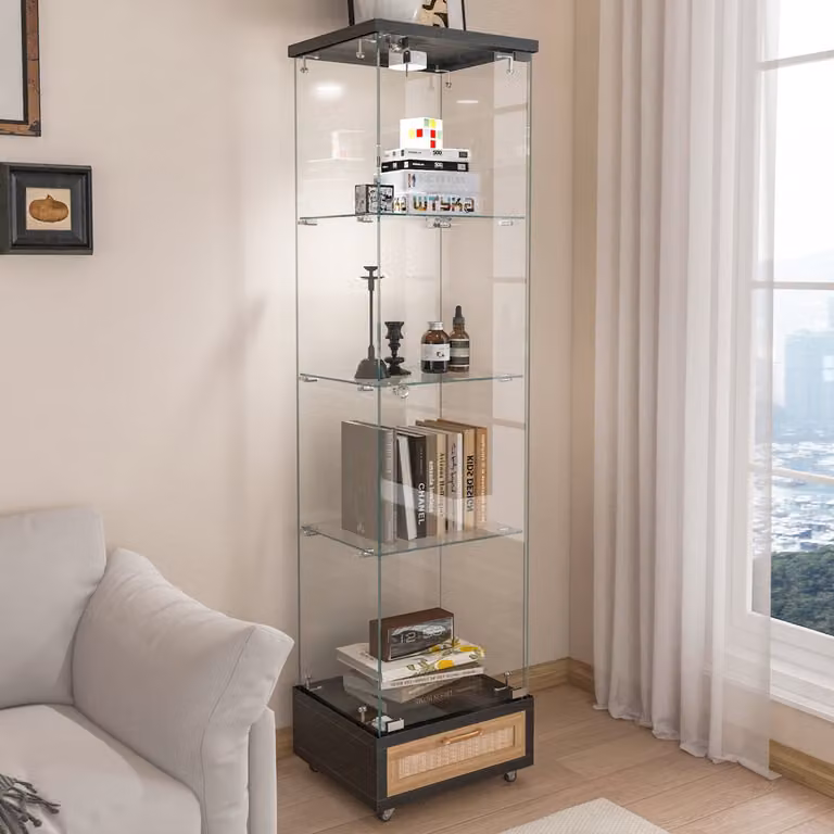 MODENUIT Vitrinekast met verlichting, lade en 4 planken, Zwart, B: 42,5 cm, D: 36,5 cm, H: 167 cm