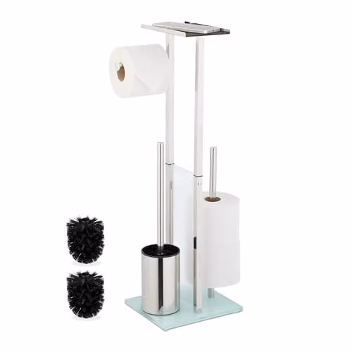 Relaxdays toilet accessoires set in rvs en glas met wc-borstel en toiletrolhouder, zilver, H x B x D: 66 x 24 x 18 cm