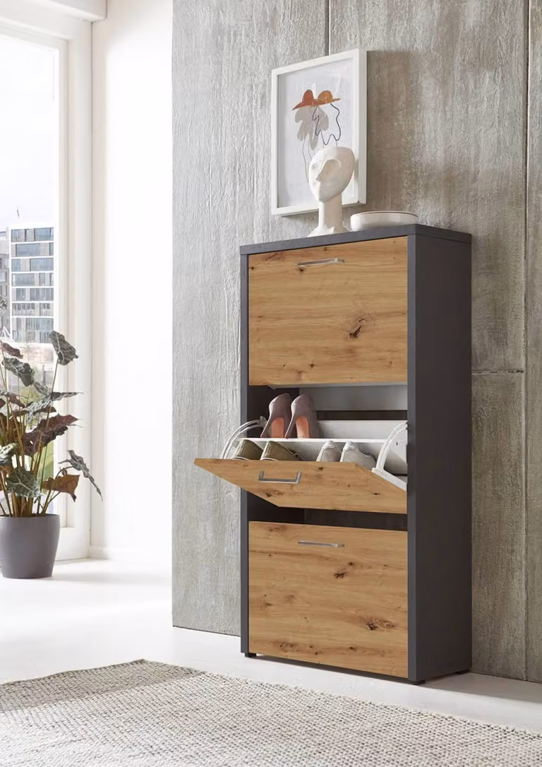 home24 Schoenenkast Siena Grijs en Antraciet met Artisan Eikenhouten Look, B/D/H: 115 x 25 x 61 cm
