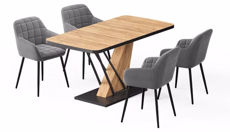Vicco Fenaro Eettafelset met 4 eetkamerstoelen, Goudkleurig Eiken, B: 120 cm, D: 80 cm, H: 76 cm
