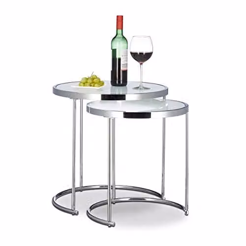 Relaxdays Bijzettafel set van 2, ronde melkglazen bladen, zilver en wit