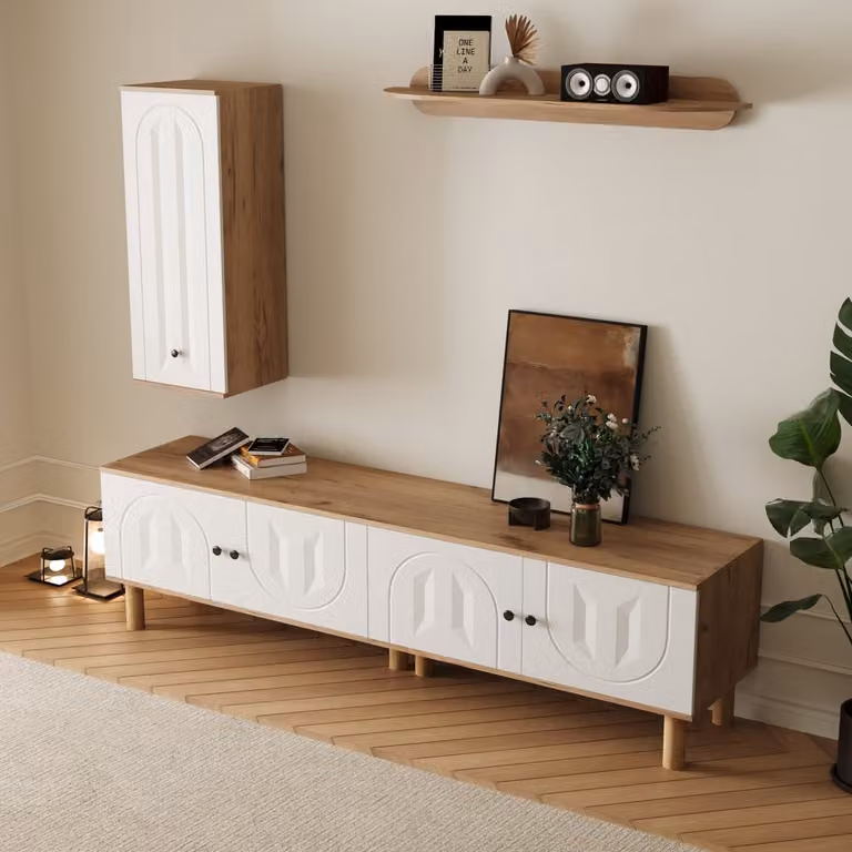FloraGrace Wandmeubelset voor de woonkamer met tv-meubel, vitrinekast en wandplank - Wit en Naturel - B/D/H: 170 x 40 x 50 cm