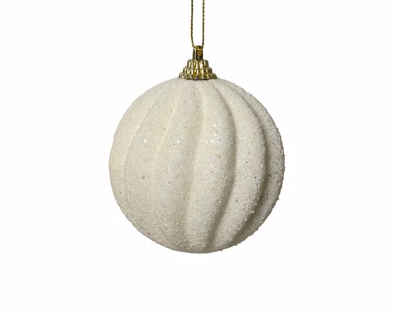 Wolkwitte kerstbal met golfpatroon van foam, diameter: 8 cm