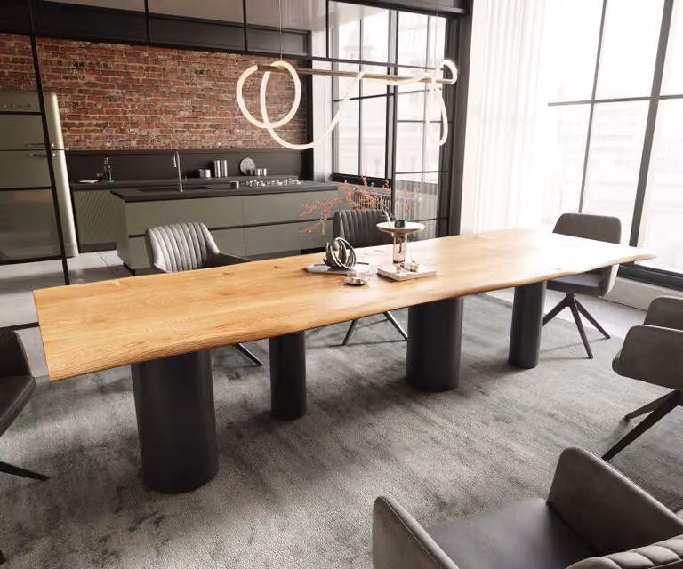 DELIFE Eettafel Edge Live-Edge Eiken en Acacia met Zwart Metalen Onderstel, Bruin, B: 300 cm, D: 100 cm, H: 73 cm