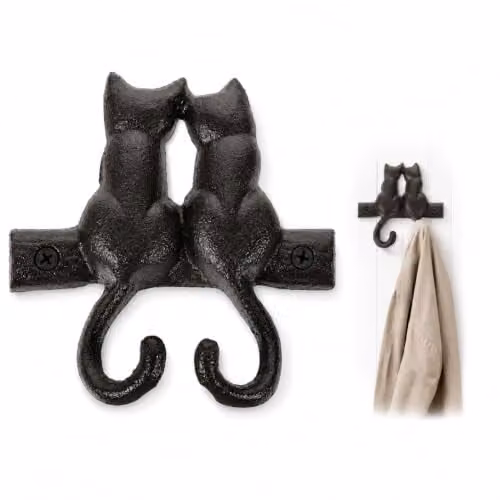 Arvion Set van 2 Gietijzeren Muurhaken Kattenvorm Vintage Zwart - Decoratieve Wandhanger voor Handdoeken, Sleutels en Tassen - 12,5 x 12 cm