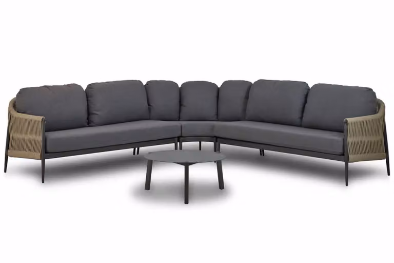 Coco Romeo/Rimini 4-delige moderne hoek loungeset met aluminium frame en beige/grijze kussens, 75 cm
