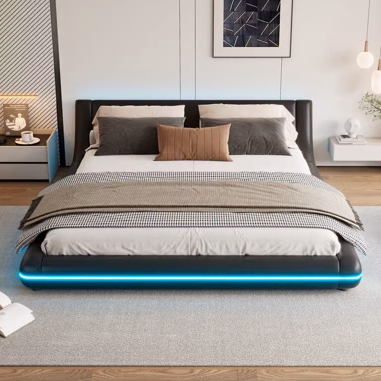 Re-purelife Modern Vloerbed Japans Bed met LED Omgevingslicht en Afstandsbediening, Zwart, 160 x 200 cm