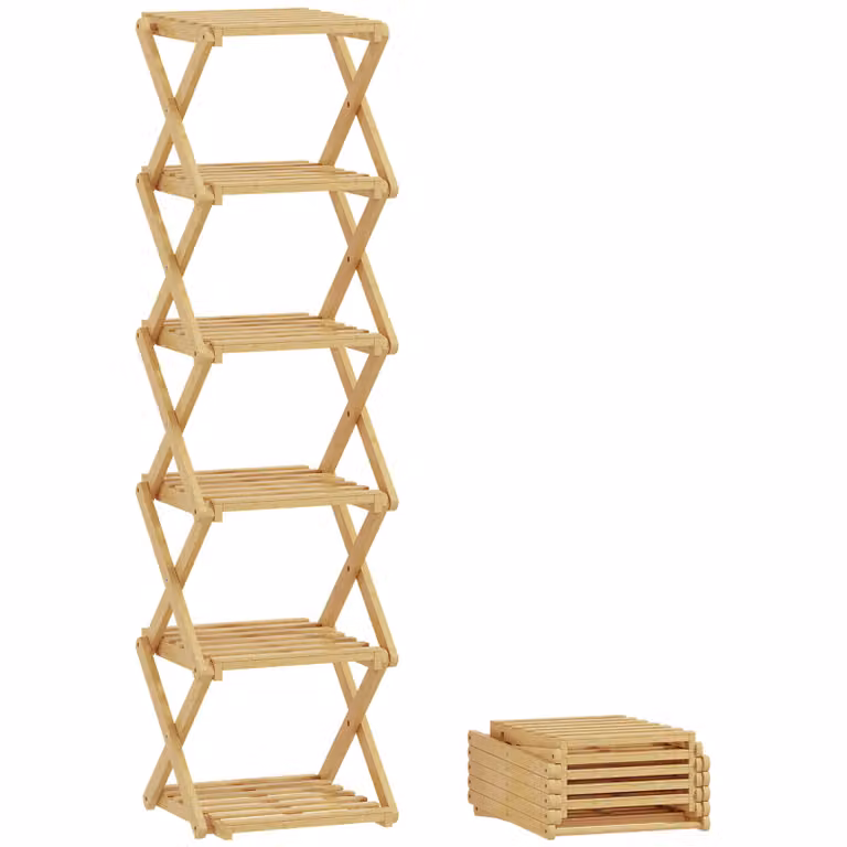 HOMCOM Inklapbaar Schoenenrek van Bamboe met 6 Niveaus, Naturel, B: 30 cm, D: 29 cm, H: 108 cm