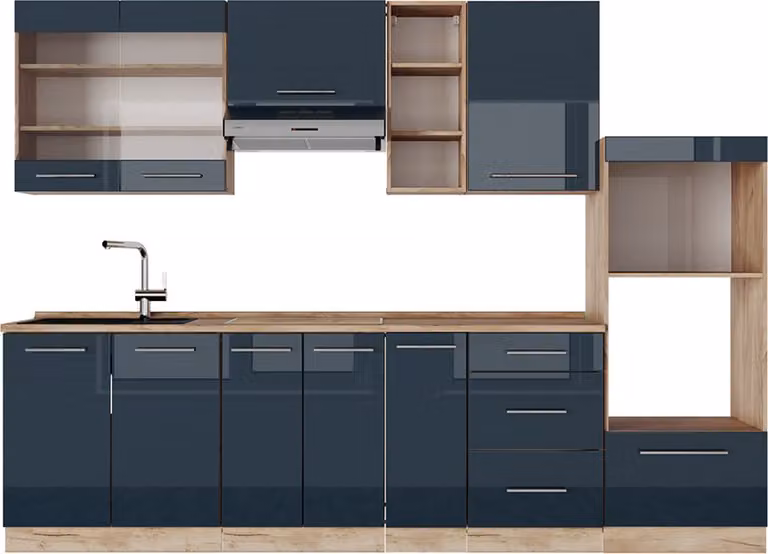 Vicco Fame-Line Keukeneenheid Donkerblauw hoogglans en Gouden Eik, 280 cm