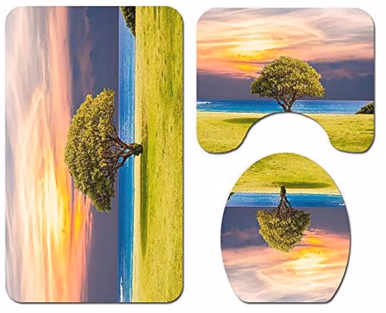 Antislip Polyester Badmat Set met Voetstuk en WC-Bril Cover met Natuurlijke Landschapsdruk
