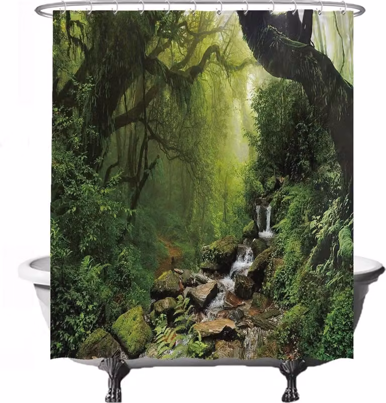 Douchegordijn Regenwoud Natuur - Wit/Groen - 180 x 200 cm - Waterdicht en Schimmelbestendig