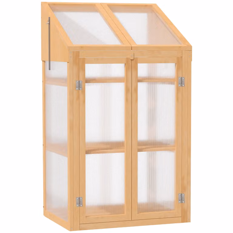 Outsunny Mini-kas met houten frame, ramen en dubbele deur, 3 planken, Bruin, B: 50 cm, D: 70 cm, H: 120 cm