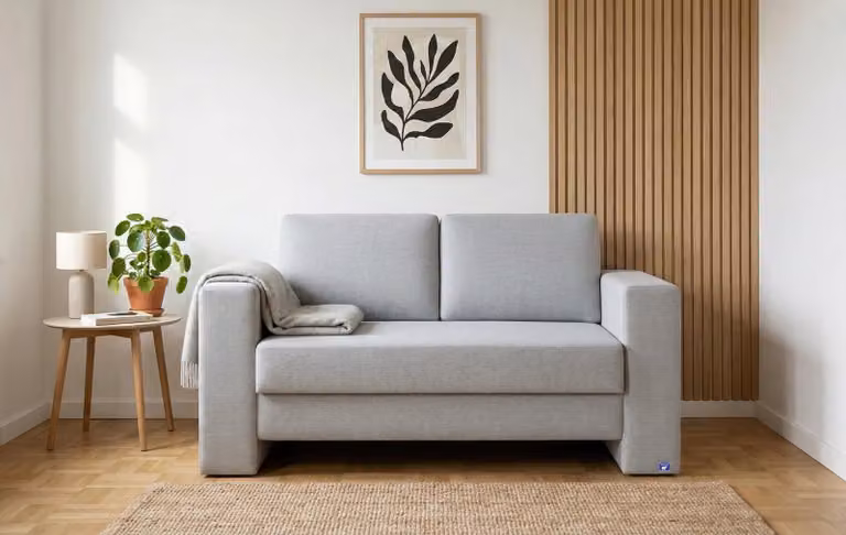 BRUNO slaapbank in lichtgrijs met massief hout en boxspringcomfort, 120 cm