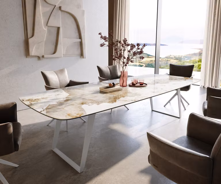 DELIFE Edge Boot Eettafel met Keramisch Blad en Metalen Onderstel, Wit-Beige, B/D/H: 300 x 120 x 77 cm