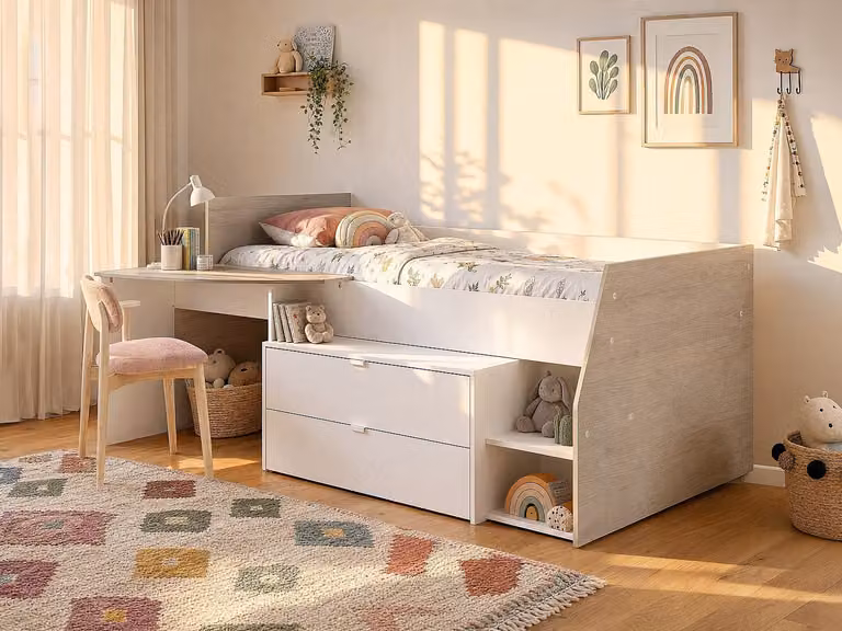 GISELE Kinderbed met bureau, opbergruimte en matras - Wit - B/D/H: 200 x 90 x 135 cm