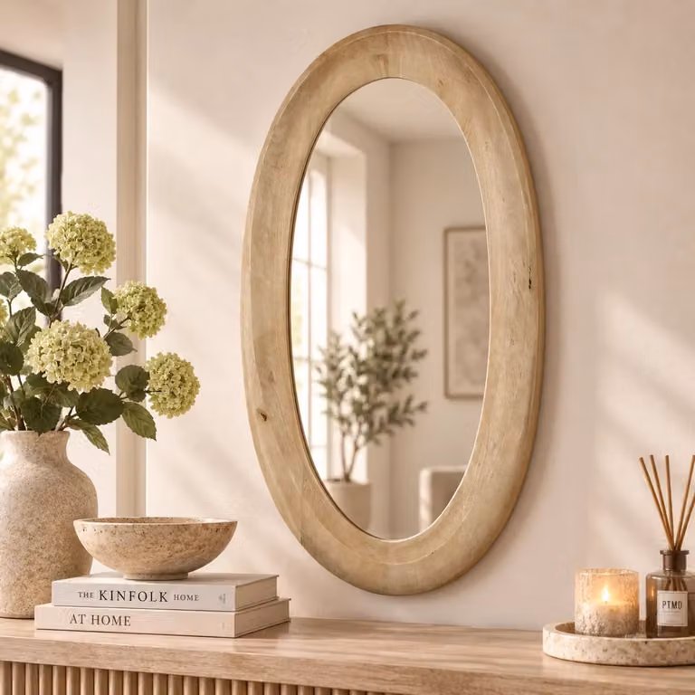 PTMD Spiegel Noam ovaal in natuurlijk mango hout, beige en bruin, B: 120 cm, H: 68 cm, D: 12 cm