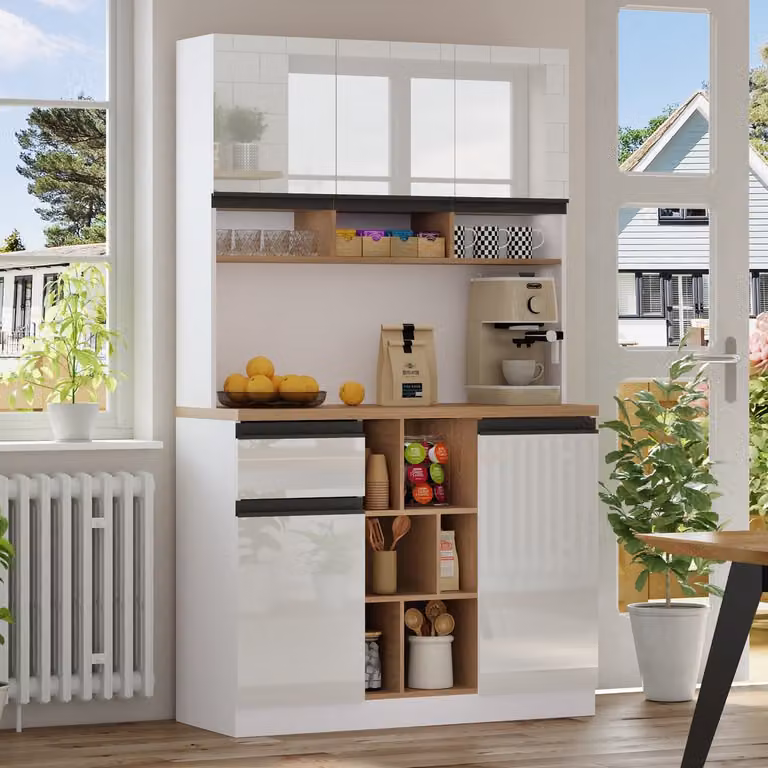 Wishdor Keukenkast - Hoge buffetkast met laden en open vakken - Wit met houtlook werkblad - B: 105 cm, D: 45 cm, H: 185 cm