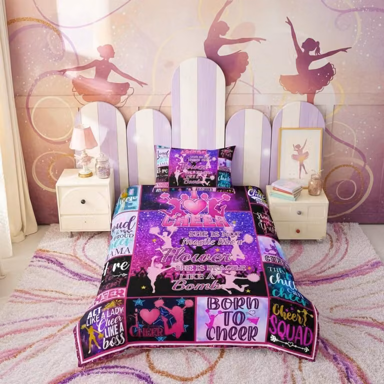 Dekbedovertrek Set voor Kinderen met Kussensloop - Dans & Cheerleader Stijl - Paars Multicolour - Microvezel - B/D: 135 x 200 cm, Kussensloop: 80 x 80 cm