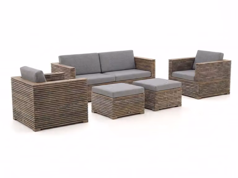 ROUGH Loungeset voor 4 personen met Old Teak frame en grijze kussens