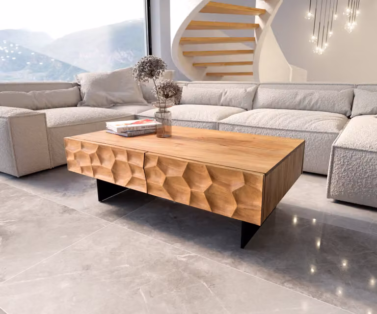 DELIFE Salontafel Solu met 4 laden, Acacia hout en zwart metalen onderstel, Bruin/Zwart, B: 120 cm, D: 70 cm, H: 40 cm