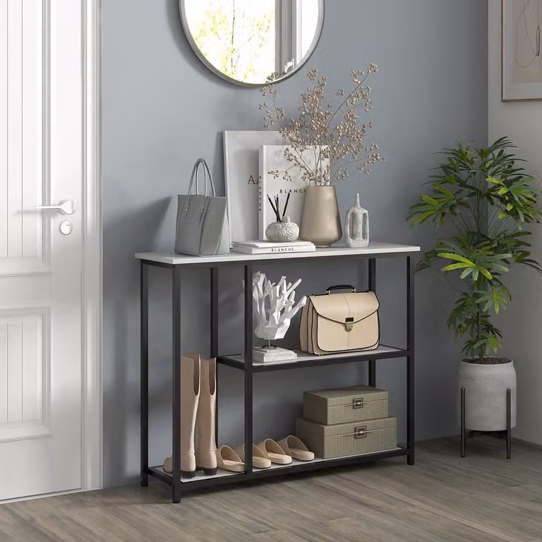 HAUSS SPOLE Sidetable met marmerlook en metalen frame, Wit, B: 100 cm, D: 30 cm, H: 80 cm