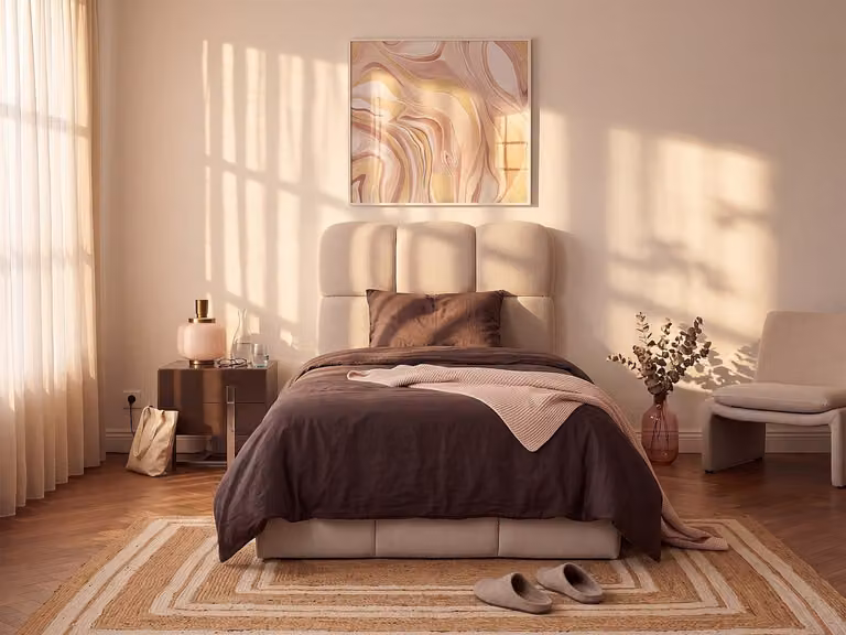 Vente-unique Bed met opbergruimte en liftup-onderstel, beige gestructureerde stof, 90 x 190 cm