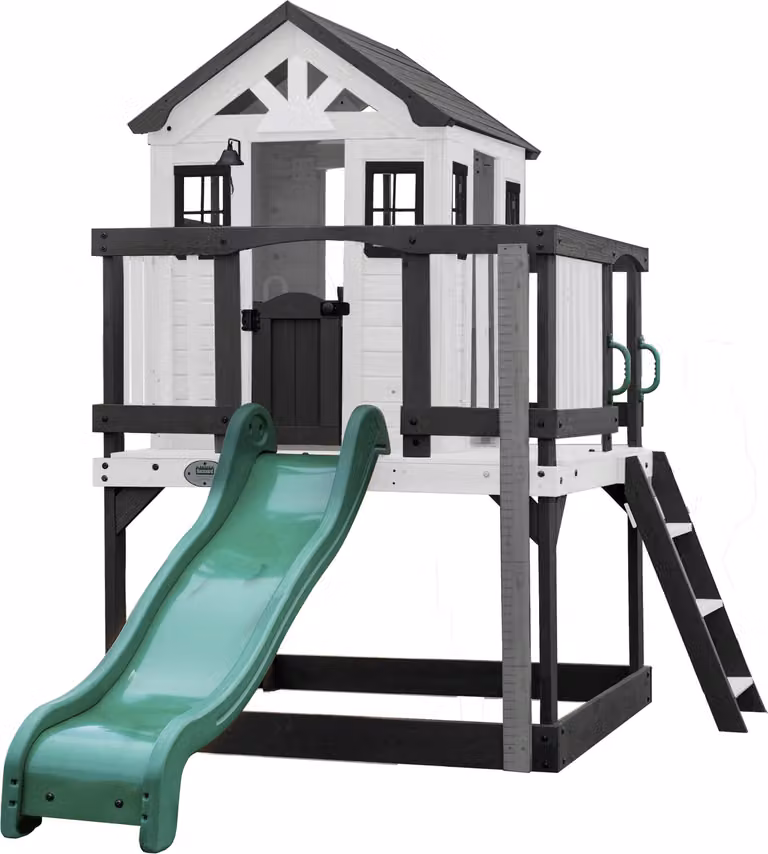 Backyard Discovery Sweetwater Heights Speelhuis op palen met groene glijbaan, speelkeuken, zandbak en veranda in grijs en wit