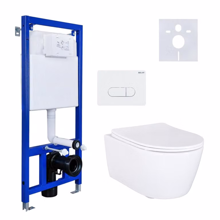 Belvit Wandtoiletset wit – zonder spoelrand, met softclose-zitting, wandcloset, bedieningsplaat en geluidsisolatie