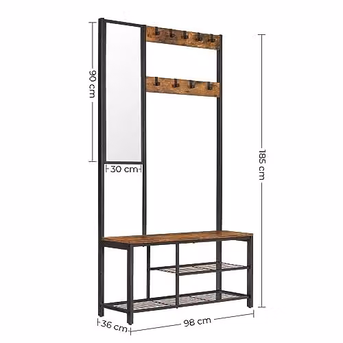 VASAGLE Compacte garderobe met spiegel en schoenenbank in bruin en zwart, B/D/H: 100 x 36 x 185 cm