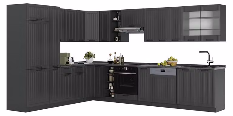 Vicco Fame-Line Hoekkeuken Donkergrijs/Antraciet met Marmer Werkblad, Model 57160, B/D/H: 347 x 257 cm