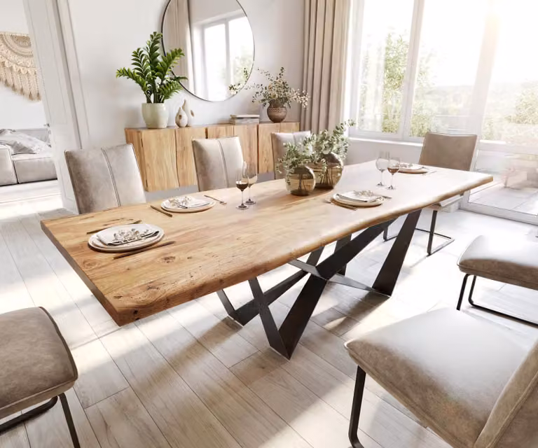 DELIFE Eettafel Edge Acacia Natuur met Spider Vlakstaal Zwart Onderstel en Live-Edge Afwerking B: 260 cm, D: 100 cm, H: 73,5 cm