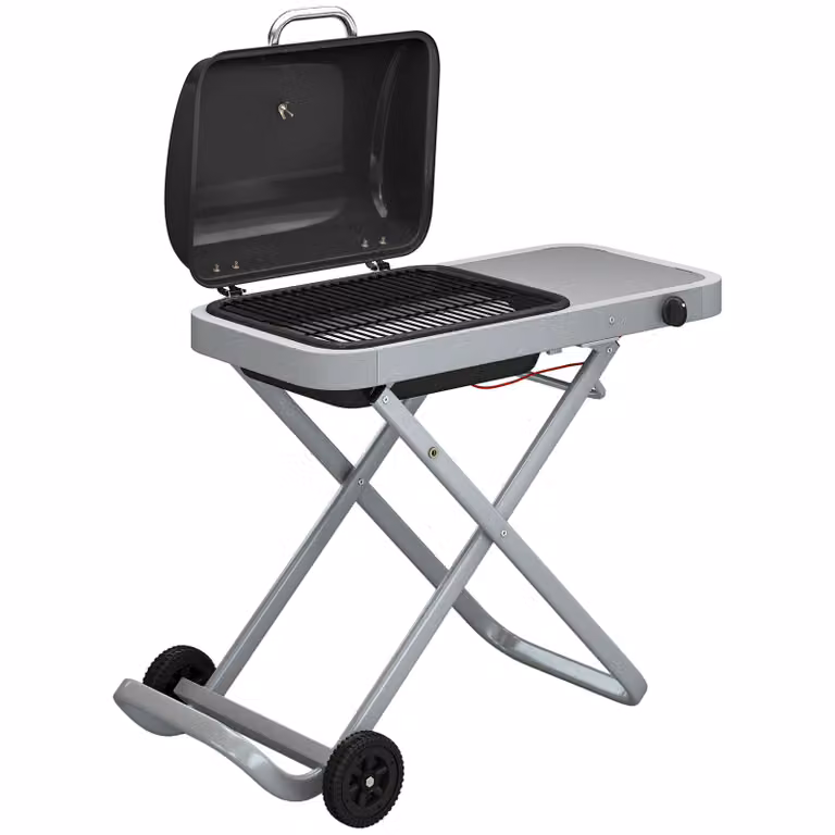 Outsunny Draagbare Gasbarbecue 1-brander 2,5 kW met opvouwbare trolley, grillrooster, zijtafel, deksel en thermometer