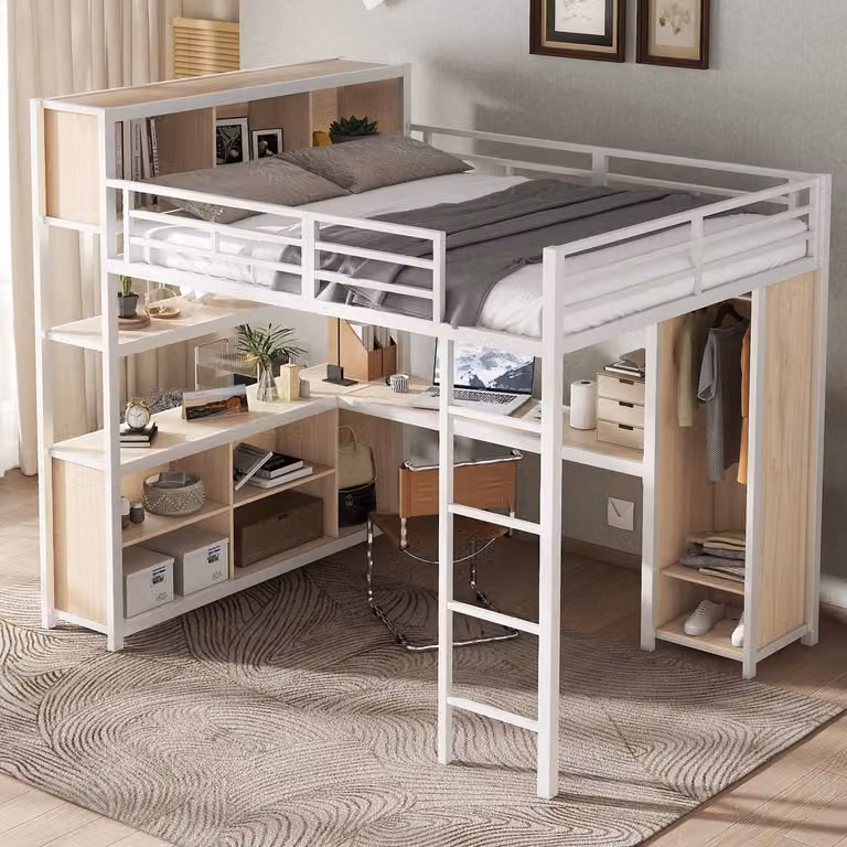 Wishdor Hoogslaper voor tieners met bureau en kledingkast, Wit en Naturel, B/D: 140 x 200 cm
