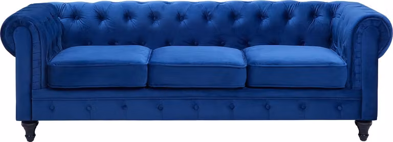 Chesterfield 3-zitsbank in marineblauw fluweel met losse kussens