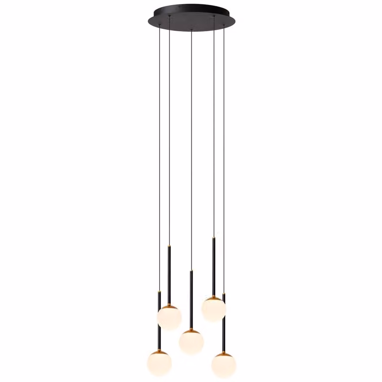 Premium by Lucide Calina Design hanglamp met 5 witte bollen en dimbare LED-module - Zwart
