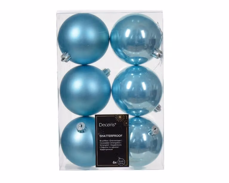 Decoris Kerstballen Lichtblauw - Set van 6 onbreekbare kunststof kerstballen - Diameter: 8 cm