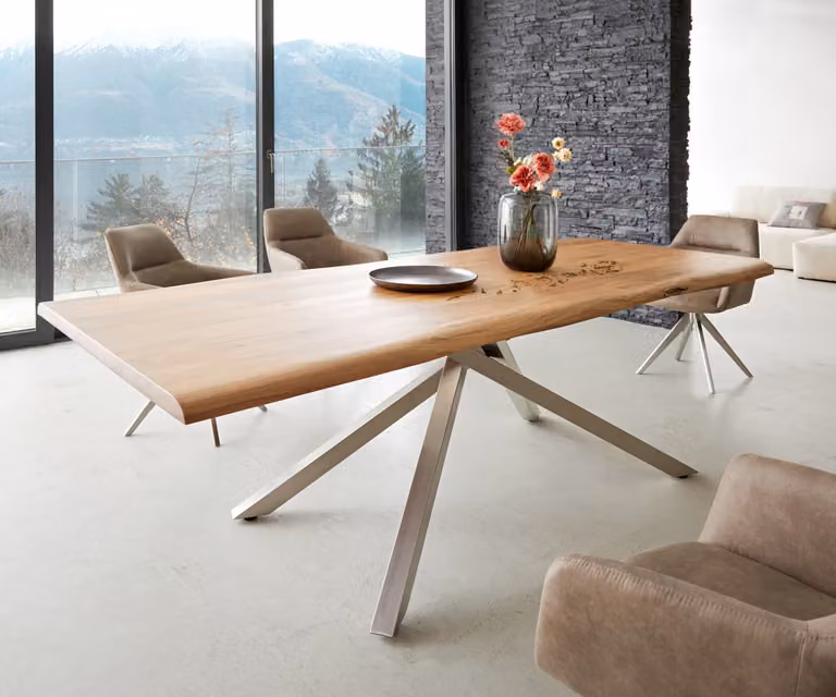 DELIFE Eettafel Edge, Acacia hout en roestvrij staal, Bruin/Zilver, B/D/H: 240 x 100 x 73,5 cm
